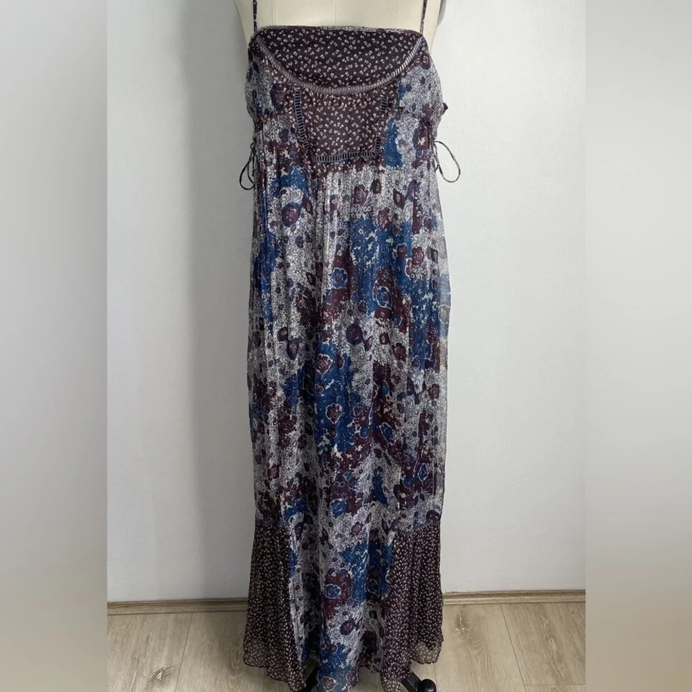 ZARA 100% Silk Chiffon Sheer Patchwork Mixed Florals Maxi Slip Dress - Picture 8 of 9